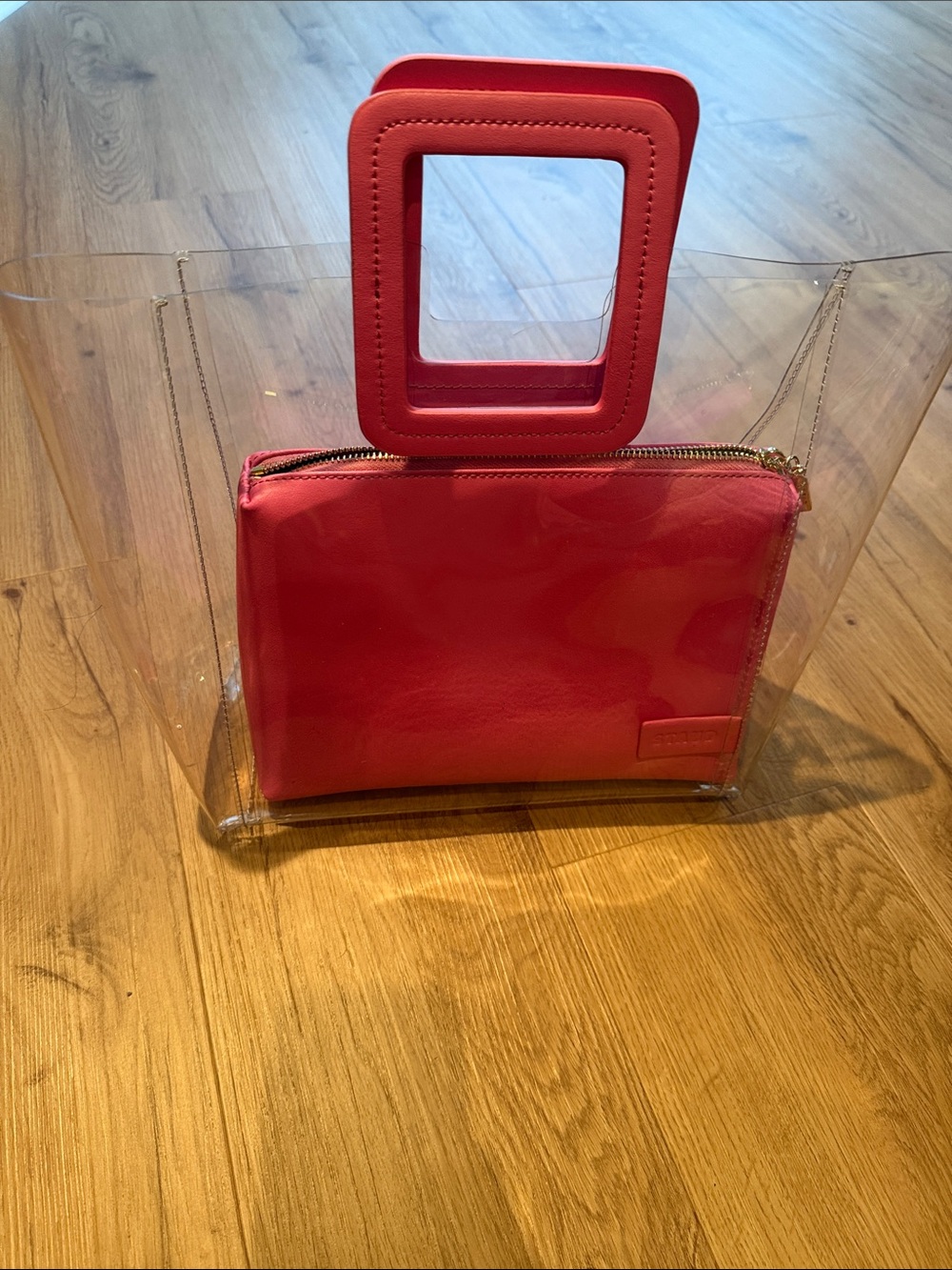 NWOT Stylish STAUD Shirley Clear Tote Bag with Pink Pouch